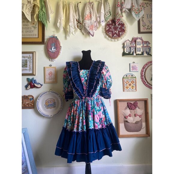 80's vintage Call it Fancy floral puff sleeve bow accent square dancing dress - Picture 1 of 11